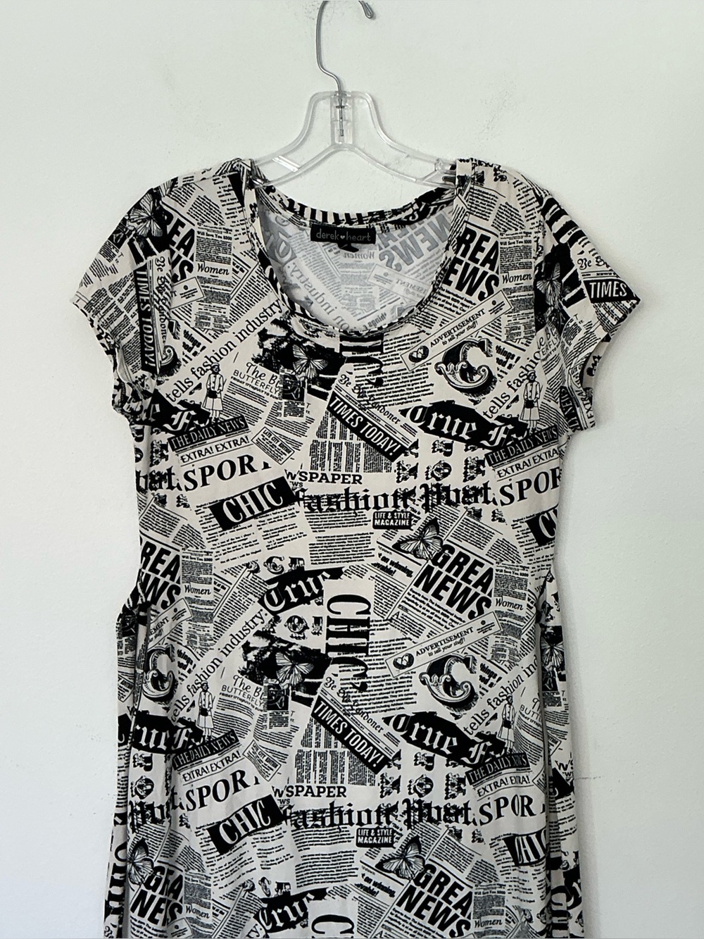 Derek Heart Newspaper Print Tie Waist Dress Size Large Black White Stretch - Picture 6 of 9